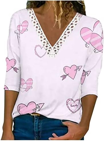 Женска Тениска с Принтом в Свети Валентин, елегантно облечен Туника с Принтом във формата на Сърце, Блузи с ръкави 3/4, Модерен