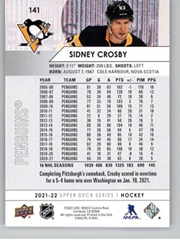 2021-22 Горната палуба 141 Сидни Кросби Питсбърг Пингуинс Серия 1 Хокейна база НХЛ Търговска карта