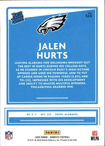 2020 Donruss 314 Футболна карта Jalen Hurts Philadelphia Eagles NFL (RC - Карта начинаещ) NM-MT