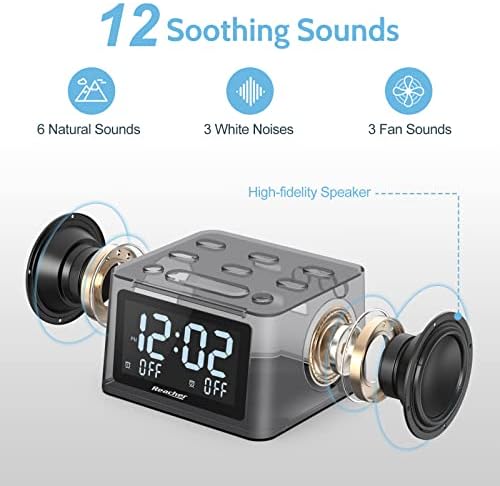 Двоен будилник REACHER R3 и апарат с бял шум с регулируема сила на звука, 6 звукови сигнали за събуждане, 12 Успокояващи звуци
