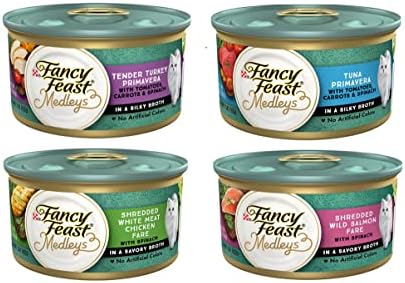 Влажен Консервирана храна за котки Fancy Feast Medleys 4 вкуса: Пуйка Примавера, риба Тон Примавера, Нарязания на ситно
