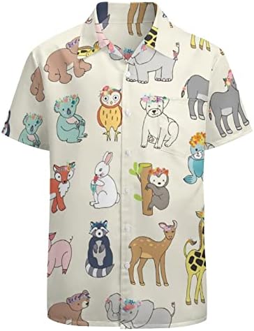 Красиви Животни с Цветни Венци, Мъжки Хавайска Риза с Къс ръкав и Джоб, Оборудвана Топ копчета, Забавен