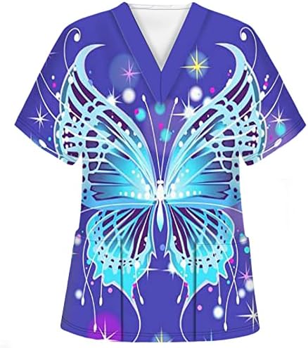 Дамска Тениска-Търкане с принтом пеперуди, Къс Ръкав, V-Образно Деколте, Работни Униформи за медицински сестри, Удобна