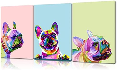 Комплект от 3 теми, Цветен френски Булдог, Стенно изкуство, Плакати изобразяващи кучета, Платно с животни, Стенно Изкуство,