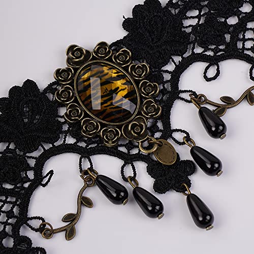 Kercisbeauty Черен Дантелен Кехлибарен Медальон със Скъпоценни Камъни, Колиета с Пискюли във формата на Листа,