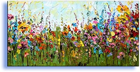 Голяма Абстрактна живопис с маслени бои, ръчно изработени, Бохо Пейзаж, Пъстри Цветя, Оригинални Текстурированное