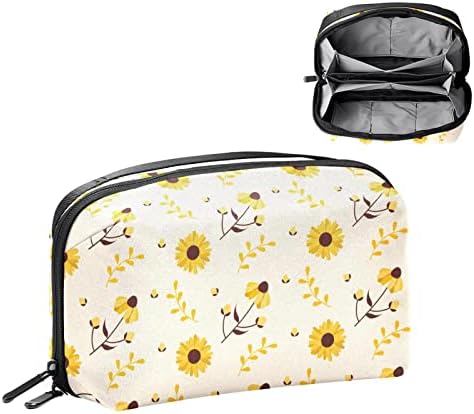 Дамски Чанта за Тоалетни принадлежности с Жълт Изображение на Слънчогледи, Водоустойчив Кожен Органайзер за Тоалетни