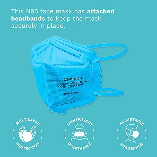 Респираторная маска за лице N95, Одобрен от NIOSH, Направено в САЩ, DemeTECH, Опаковка от 20 броя, синя