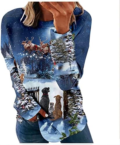 Модни Блузи с графичен Принтом за Жени, Тениска с Кръгло деколте и Коледните Принтом Без Качулка, Женски Пуловери,