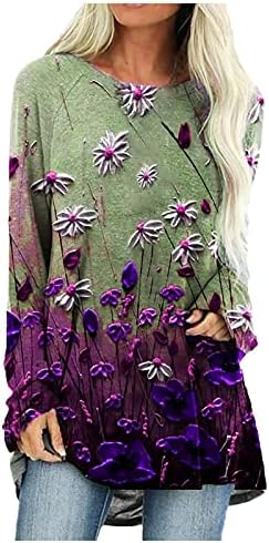 Памучни Рокли-Дамски Ризи, пуловер С кръгло деколте, Дълъг Топ с флорални принтом и Дълъг Ръкав