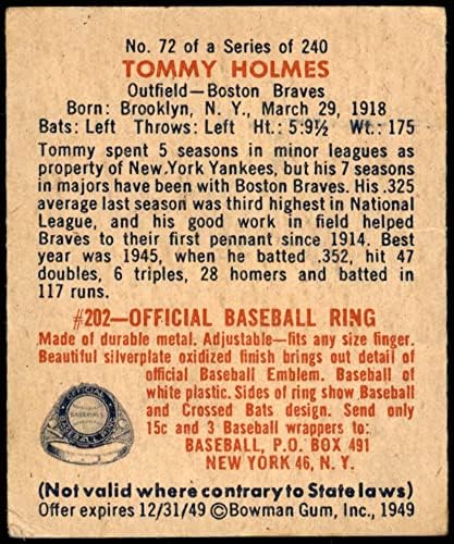 1949 Боуман 72 Томи Холмс Бостън Брейвз (Бейзболна картичка) VG+ Брейвз