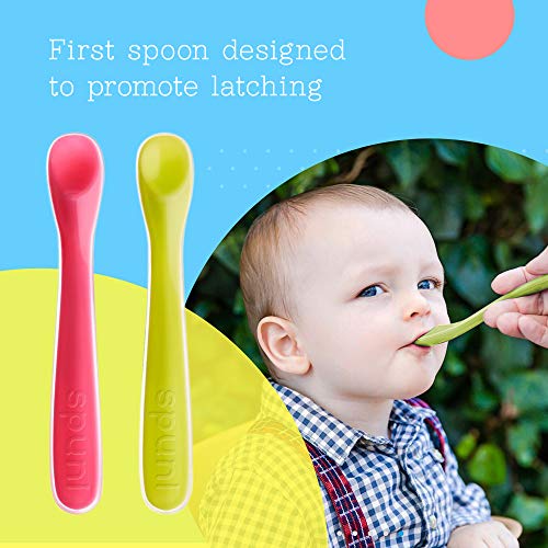 Spuni - Първата Детска лъжичка за 4 месеца Напред, Неоново зелено и Закачливо розово, 2 опаковки