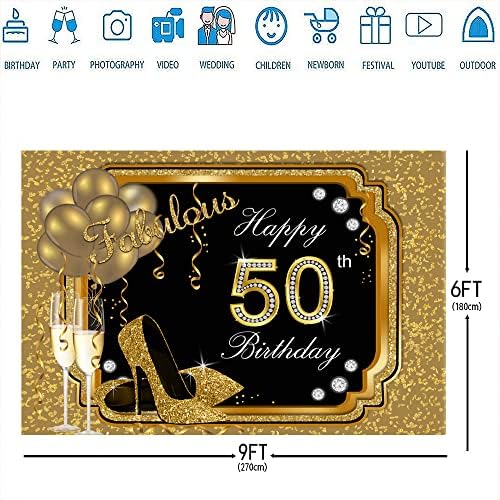 Ticuenicoa 9x6ft Честит 50-ти Рожден Ден Фон за Жени в Черно и Златно Рожден Ден Снимка Фон, Блестящи Балони На Високи Токчета
