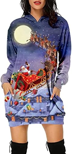 NOKMOPO Коледна Рокля за Жените, Модерен Случайни Пуловер с Дълги ръкави и Коледните Принтом, Рокля с Качулка, Топ,