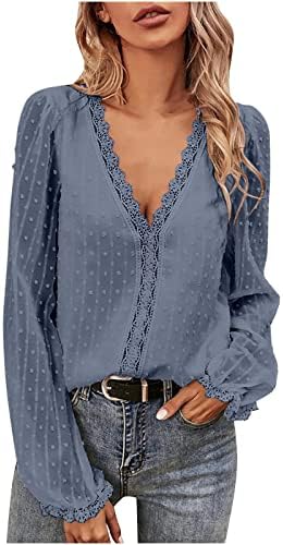 Дамски Дантелени Блузи с дълъг ръкав, Блузи с pom-помераните, Риза на точки С V-образно деколте, Елегантен Модерен