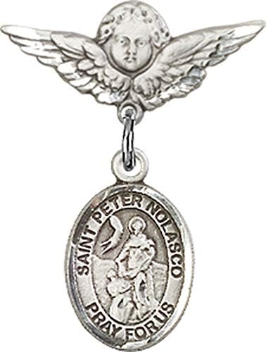 Детски икона Jewels Мания за талисман на Свети Петър Nolasco и пин Ангел с крила | Детски икона от Сребро