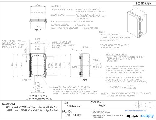 Пластмасова Вътрешна кутия BUD Industries NBE-10543 Style E 11,28 L x 7,48 W Сиво