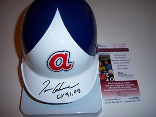 Мини-Каска с автограф на Том Главайна Атланта Брейвз Cy 91,98, Подписан от Jsa/ coa - Мини-каски MLB с автограф