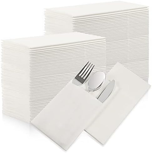 Бели кърпички за Еднократна употреба за хранене - 100 опаковки Ленено хартиени салфетки с вграден джоб за прибори