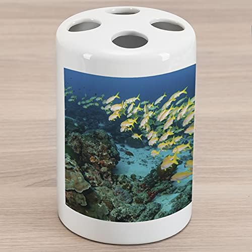 Подводен Керамични държач за четка за зъби Ambesonne, Голяма група Риби, Плаващи Из Коралов риф в океана, Декоративна Универсален