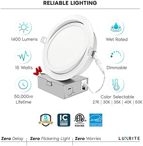 LUXRITE 6-Инчов-вградени led лампа на карданном спирането, 5 цвята за избор, 2700-5000 До 1400 Лумена, Регулируема въртяща