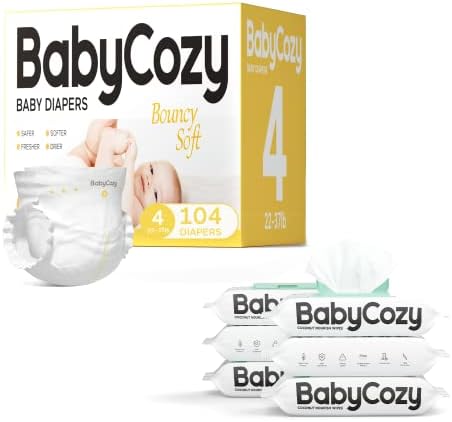 Памперси Babycozy Размер 4 (22 ~ 37£) 104 бр. и бебешки кърпички 240 бр. (6 опаковки)