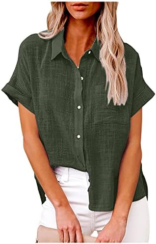 Дамски Ежедневни Риза с Преден джоб, Класически Обикновена Ризи с Копчета и Къс ръкав, Летни Свободни Блузи с V-образно