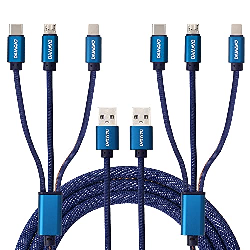 2 Опаковки кабел за зарядно устройство с дължина 3,3 фута 3 в 1, дизайн от здрав плат деним DAMAVO, Сплетен Универсален