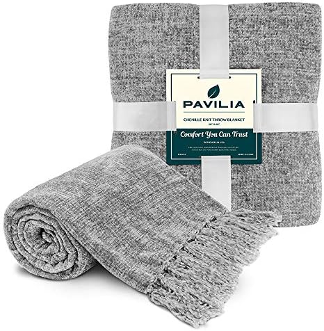 Покривалото PAVILIA от Шенилна с Ресни и пискюли | Кадифено Канава Декоративен Вязаный Одеало за диван-легло | Меки Тъкани