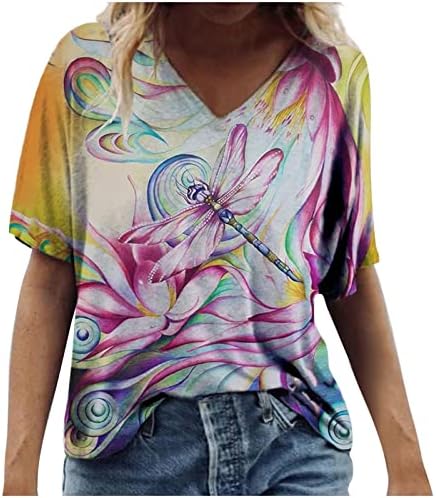 Дамски Блузи 2023, Ежедневни Летни Модни Тениски с Къс ръкав и V-образно деколте, Големи Размери, Цвете Риза, Прекрасна
