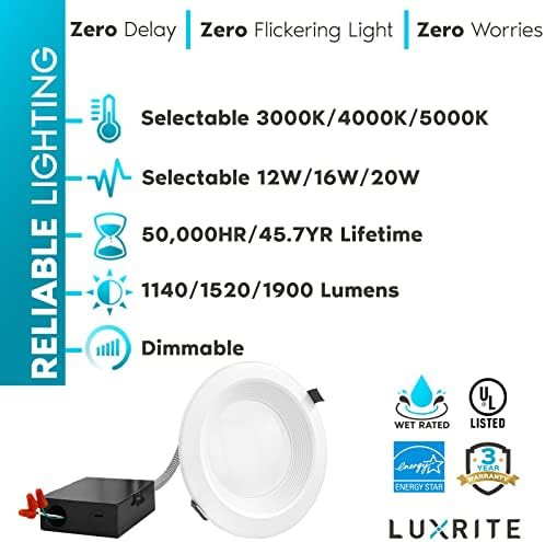 Luxrite 6-Инчов търговска led-вградени лампа с J-Box, 12/16/20 W, 3 цвята за избор 3000 До 5000 К, 1140/1520/1900 лумена, 0-10 В с регулируема яркост, 120-277 В led лампа, без канализация, с IC-вход, с въ