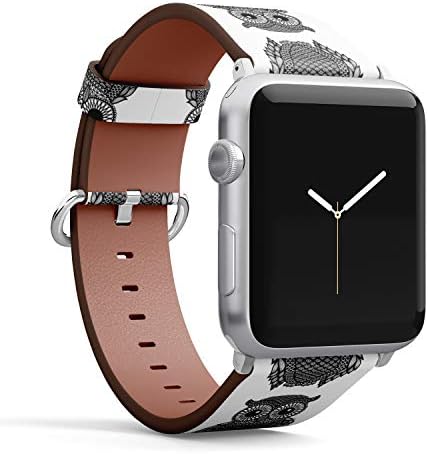 Кожена каишка-гривна с шарени черен бухал в стил Zentangle за Apple Watch Серия 4/3/2/1 поколение, подмяна