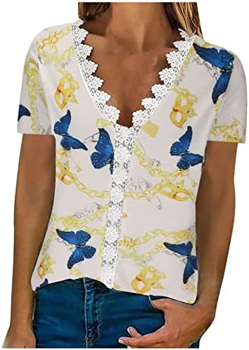 Дамски Дантелен Възли на една Кука Тениска с V образно деколте 2023, Летни Блузи с Къс ръкав И Цветна Принтом,