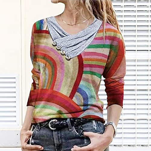 Жена случайни свободен пуловер с V-образно деколте и винтажным принтом, долната риза с изкуствен яка