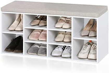 Дървена Пейка За съхранение на обувки по 10 Двойки с Тапицирана Седалка, Бяла