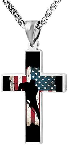BlingDi Готин Дизайн Хокеист с шайбата пред Американския Флаг, Колие с Отложено във формата на Религиозен Кръст