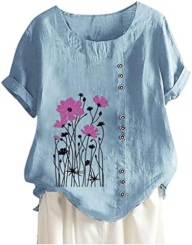 Дамски Блузи с Цветя, Летни Ризи Свободно Намаляване на копчета, Памук, Ленени Блуза с кръгло деколте и Къс Ръкав,