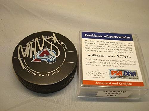 Пол Стастны подписа Хокей шайба Колорадо Аваланш в Официалната игра PSA / DNA COA 1A - за Миене на НХЛ с автограф