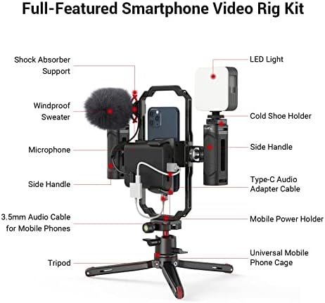 Универсален комплект за видео телефон SmallRig за iPhone, смартфони и камери, Стабилизатор за телефон със статив, микрофон