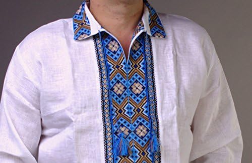 Вышиванка Мъже С Украински носии, ръчно изработени Бяло Синя Риза с къси ръкави Бельо M РАЗПРОДАЖБА НА ДЕН на БАЩАТА