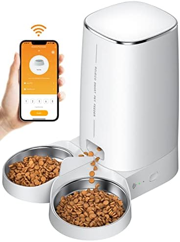 Автоматични хранилки ROJECO за 2 котки, Захранващи храна за котки обем 4 л с управление чрез приложение, Двойна Купа от неръждаема