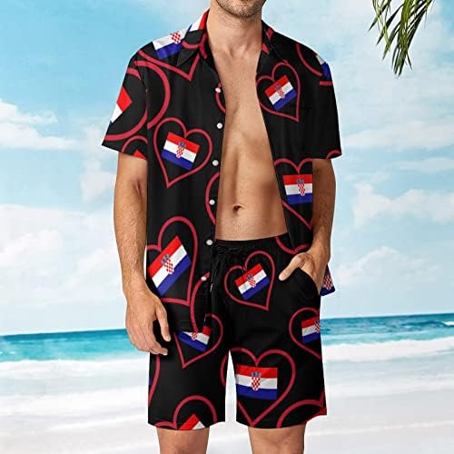 I Love Croatia Red Heart Мъжки Плажни Дрехи от 2 теми, Хавайска Риза с копчета с къс ръкав и къси Панталони, Костюми