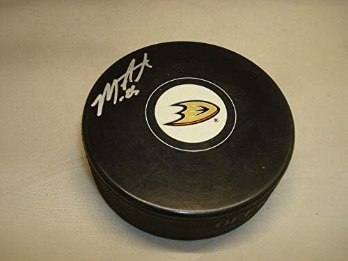 Майк Санторелли подписа хокей шайба Анахайм Дъкс с автограф от 1B - за Миене на НХЛ с автограф