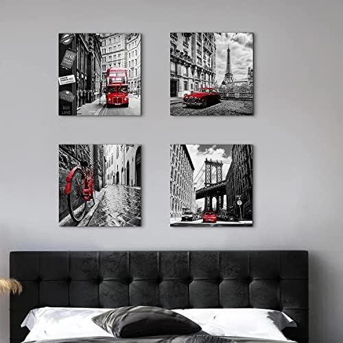 Черно-Бели Стенни Картини за Спални, Картини с Градския Пейзаж, Щампи върху Платно, Червен Париж, декорация за