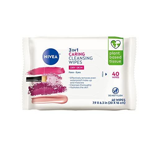 Почистване кърпички за лице на NIVEA Caring 3 в 1, Хидратиращи Кърпички за отстраняване на грим, Опаковка от 40