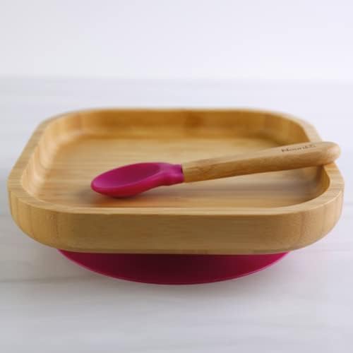 Комплект бамбукови Смучат квадратни чинии и лъжици Nouribite за дете от 6 месеца (цвят на фуксия)