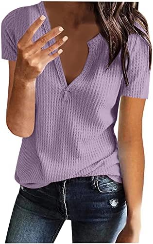 Дамски Памучен Тениска с Къс Ръкав и Дълбоко V Образно Деколте, Однотонная, Свободно Намаляване, Ежедневна Блуза,