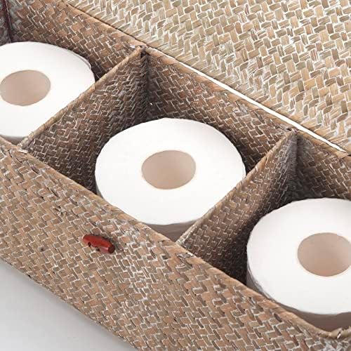 Кош за събиране на бяла морска трева с капак, Изплетен кош за съхранение на ролки тоалетна хартия с правоъгълни помещения