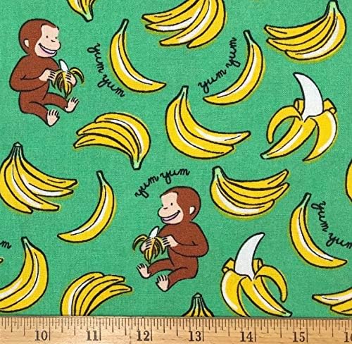 1 Ярд - Любопитна обезьянка Джордж, Вкусни банани за зелена памучна тъкан (чудесно за капитониране, шиене, занаяти, възглавници