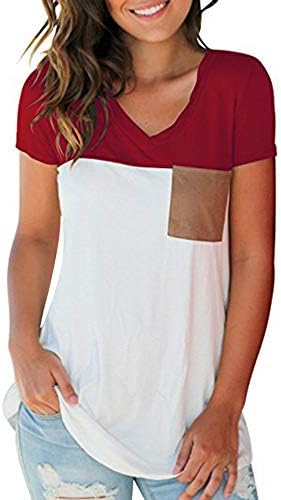 JFLYOU / дамски ежедневни блузи в цвят блок с къс ръкав и V-образно деколте и замшевыми джобове, тениска, блуза (вино, S)